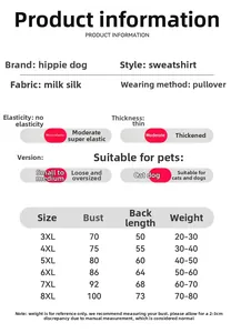 Size chart for large dog festive hoodie with chest, length, and weight metrics 3XL-8XL