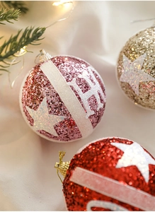 Detailed macro view of pink and gold Christmas balls with glitter stars and flocking texture