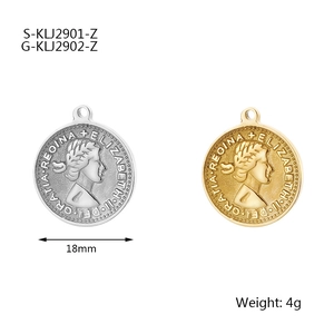 Detail view of 18mm gold and silver queen coin pendants with weight and size specs