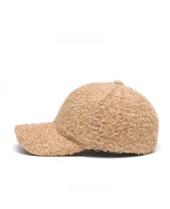 Close-up of side view showing soft camel lamb wool texture on thick baseball cap
