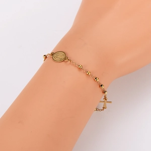 Vintage gold stainless steel beaded bracelet featuring Virgin Mary medal and cross charm