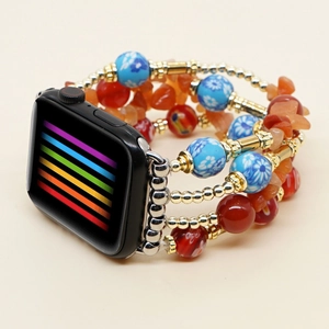 Detail of bohemian multilayer beads and natural stones on this Apple Watch band