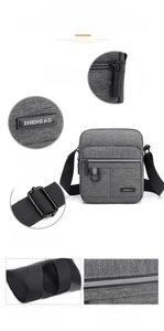Detail view of the gray oxford crossbody bag showing the logo, strap, and reflective strip