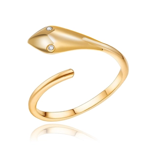 Minimalist golden snake ring in polished stainless steel with crystal eyes and open band