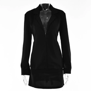 Women's two-piece black set featuring long sleeve blazer top and high waist mini skirt
