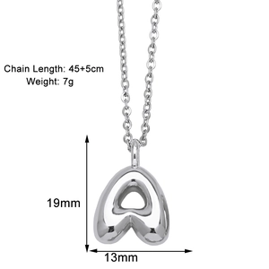 Detailed view of silver heart pendant with chain dimensions 45+5cm and 19x13mm size