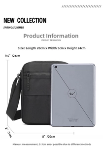 Vertical oxford fabric messenger bag detail with 9.7 inch tablet size comparison
