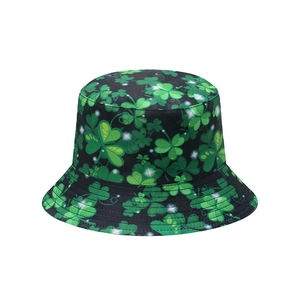 Black bucket hat with green shamrock and white star patterns for sun protection