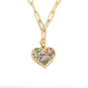 Heart Pendant Necklace With Colorful Zircon Inlaid Copper Paperclip Chain Hip Hop Fashion Jewelry For Women