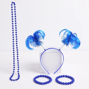 Blue 4-piece Independence Day party set with feather headband and beaded necklaces