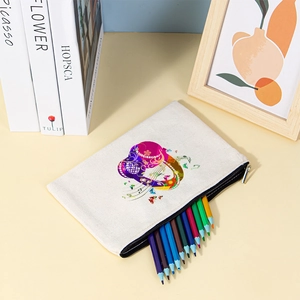 Artistic canvas zipper pouch featuring colorful headphones print used for stationery storage