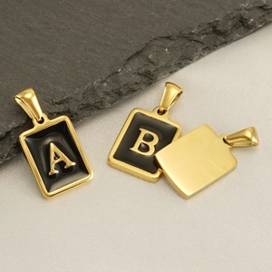 Classic 18K gold-plated stainless steel rectangular initial pendant necklace with black enamel