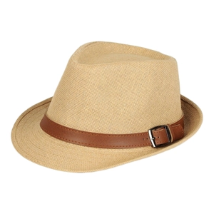 Summer paper straw jazz hat for men with brown leather band and metallic buckle