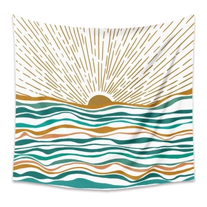 Bohemian mandala wall tapestry with golden sun and ocean wave patterns for room decor