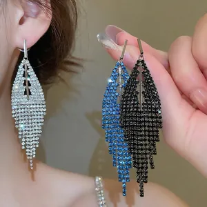 Elegant triangle tassel earrings with silver needles and rhinestones in blue and black