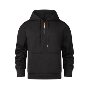 Men's black half-zip hoodie with orange zipper detail and kangaroo pocket on white background