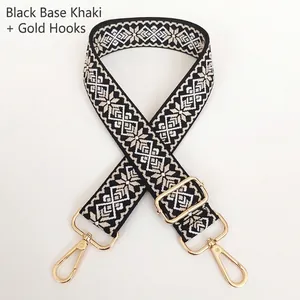 Detail of 3.8cm jacquard geometric canvas bag strap with golden metal hooks