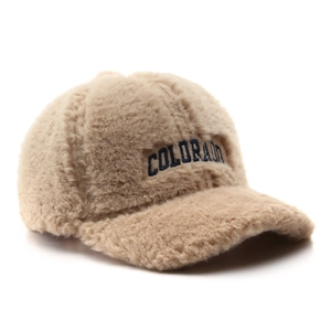 Beige plush fleece baseball cap with Colorado embroidery for winter outdoor warmth