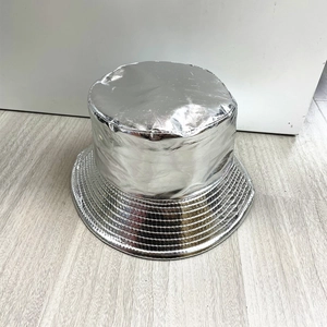 Silver metallic patent leather bucket hat with glossy reflective finish for women and men