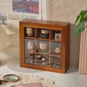 Vintage wood storage box with 9 compartments and glass lid for jewelry organizing