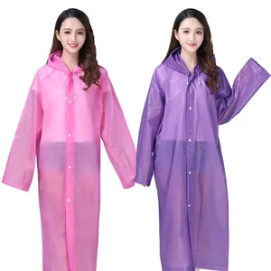 Reusable thick waterproof raincoats for women with drawstring hoods in pink and purple colors