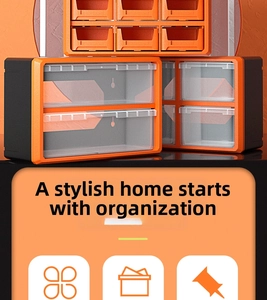 Industrial stackable drawer unit with orange frames and transparent bins for small parts