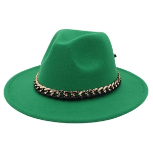 Vibrant green fedora hat featuring a stylish gold chain and black leather band