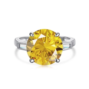 Elegant S925 silver ring featuring a large round yellow zircon and step-cut side stones