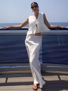 Women Sleeveless Tie-Front Pleated Blouse And Midi Skirt Summer Casual Vacation Outfit Simple Elegant