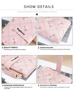 Detail view of pink PU leather wallet with floral patterns, zipper and golden hardware