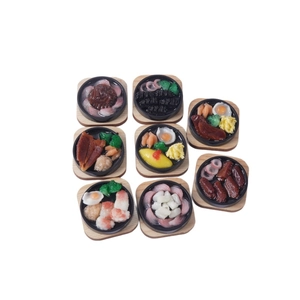 8-piece miniature simulation teppanyaki food charms featuring steak and egg on resin trays