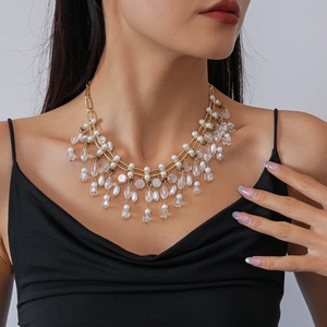 Retro Baroque Palace Style Necklace And Earrings Alloy Imitation Artificial Pearl Glass Crystal Tassel With Silver Earring Post
