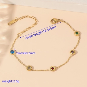 Gold titanium steel bracelet with five colorful round crystals and adjustable lobster clasp