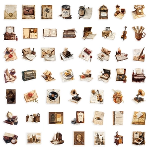 Detailed collection of vintage watercolor PET stickers featuring envelopes and retro items