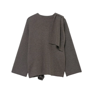 Women knit poncho top in dark grey with matching scarf drape and loose batwing sleeves
