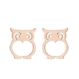 Detail view of hollow owl-shaped stud earrings in rose gold finish stainless steel