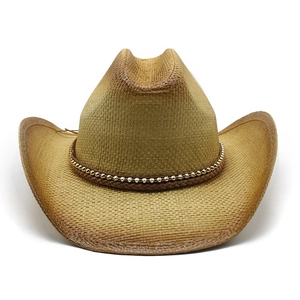 Chapeau de cowboy en paille tressée naturelle avec bandeau de perles dorées
