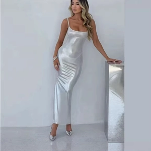 Slim fit metallic silver off-shoulder evening dress with thin straps and glossy finish