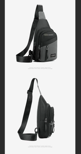 Detail view of multi-pocket black chest bag showing slim side profile and front storage