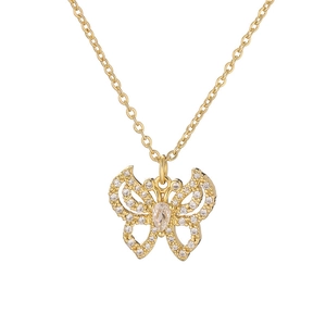 Elegant gold butterfly necklace with shimmering white zircon stones and pear-shaped center gem