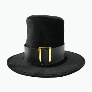Vintage black top hat with gold buckle and wide flat brim for stage performances