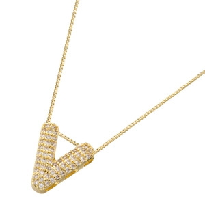 Close-up of golden square link chain with a micro-paved zircon V-letter pendant