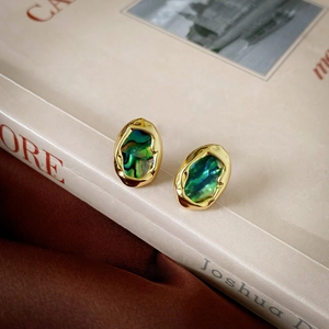 French Vintage Irregular Geometric Abalone Shell Stud Earrings With 925 Sterling Silver Earring Post For Women