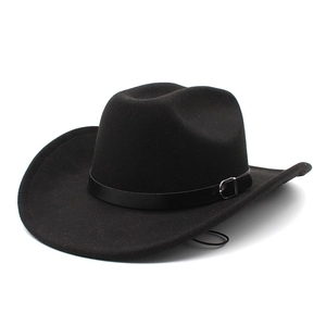 Classic black wool felt fedora hat with leather band and metal buckle on white background