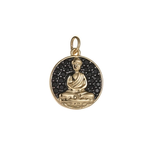 Ciondolo in oro 14 carati con Buddha in rilievo e accenti in pietre preziose nere