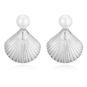 Detailed view of silver shell earrings with pearl beads on a clean white background
