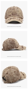 Detailed views of a distressed vintage cotton baseball cap with frayed brim and adjustable buckle