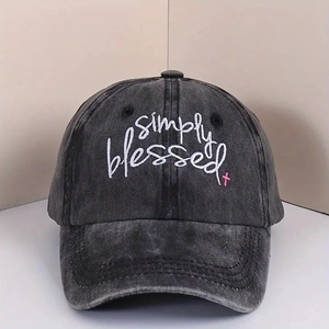 Washed black cotton denim baseball cap with simply blessed embroidery and pink cross