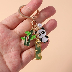 Cute panda and bamboo keychain with pearl charm on gold ring for bag decoration