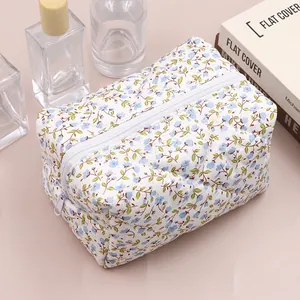 Detail of blue floral quilted makeup bag with zipper closure and soft texture fabric